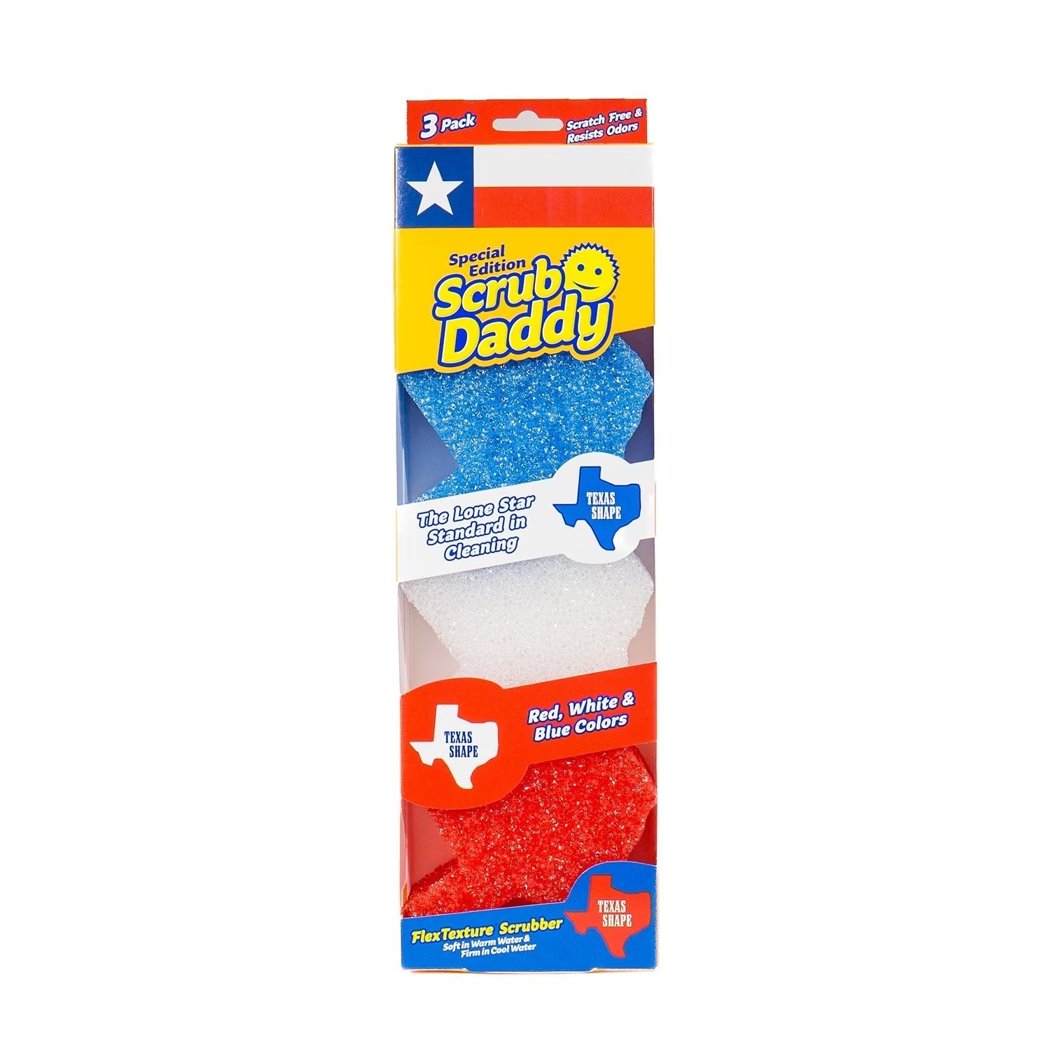 Scrub Daddy Special Texas Edition, Red, White & Blue Scrubbers, 3-Pack TX Shape