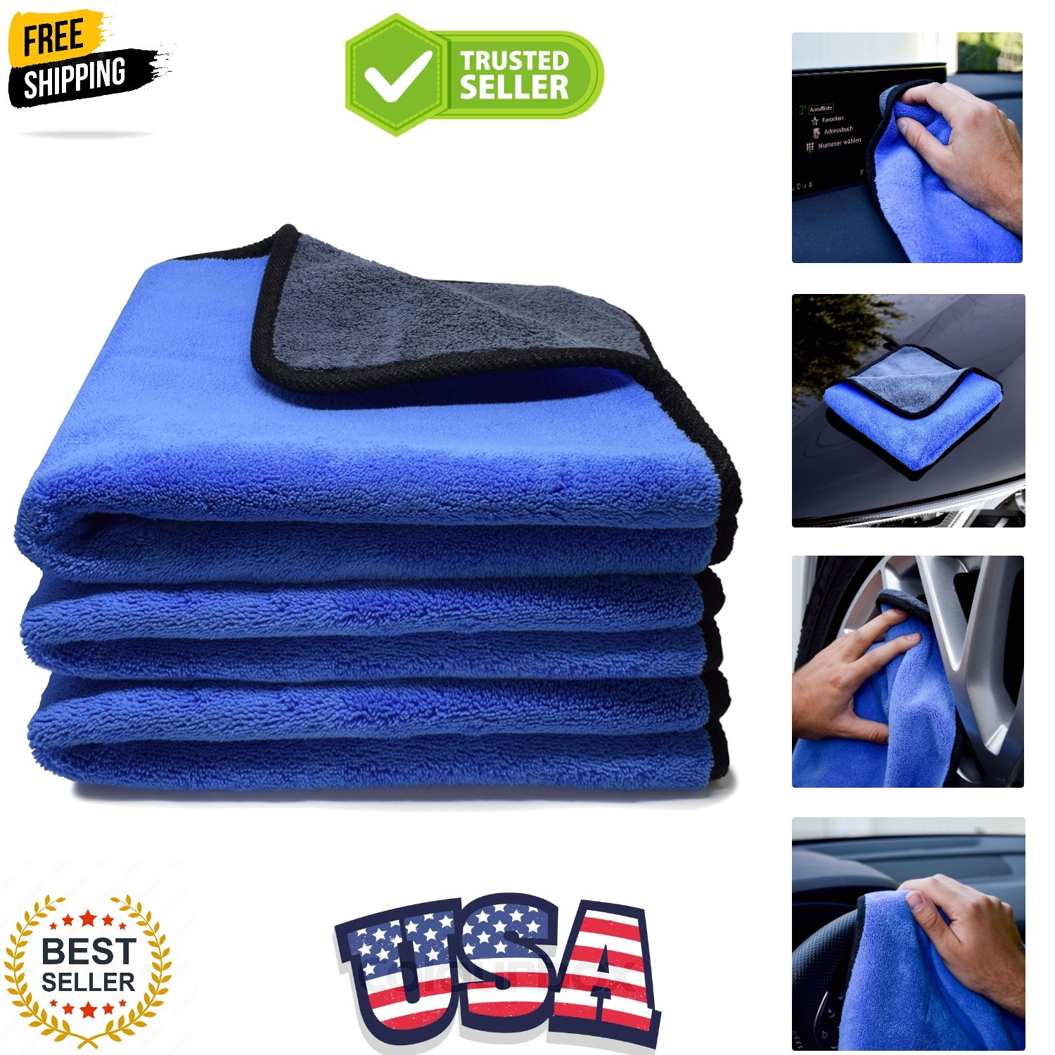 500 GSM Microfiber Cleaning Towels – 3 Pack, 12×12 Inches for Scratch-Free Shine