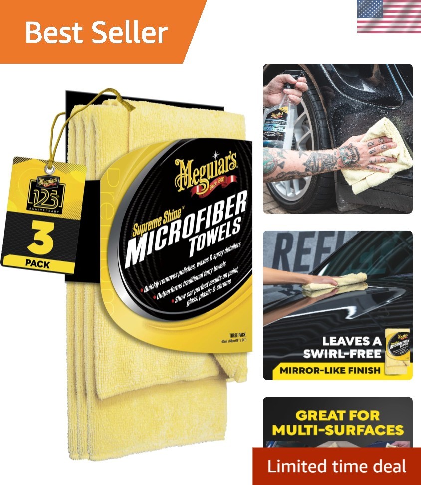 Streak-Free Car Care Microfiber Towels, 3 Pack – 24″ L x 16″ W, Machine Washable