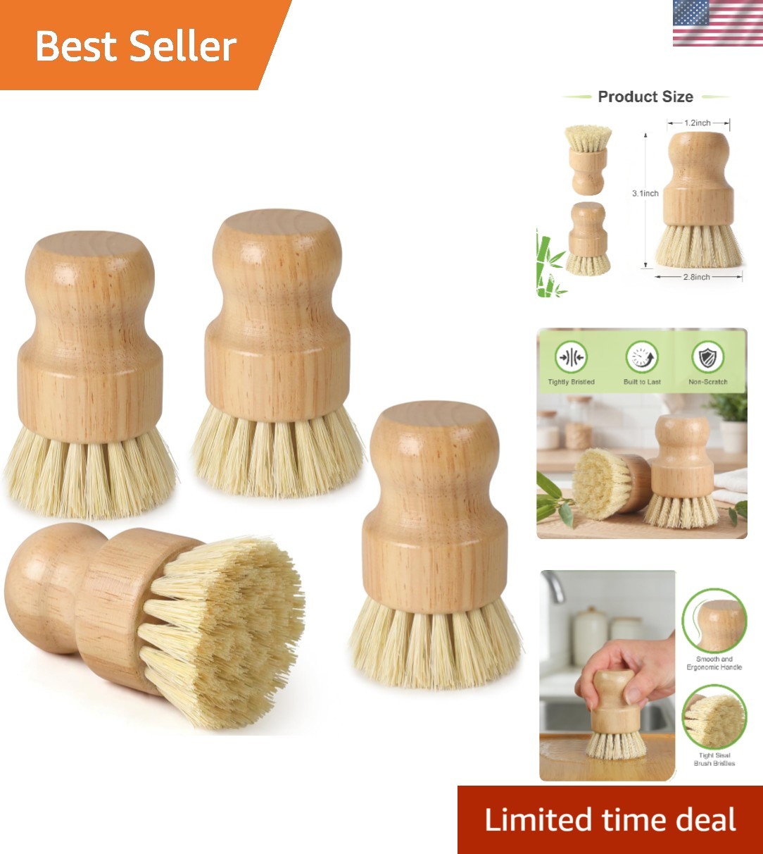 4 Pack Bamboo Dish Brush Set, Natural Kitchen Scrub Brush with Sisal Bristles, W