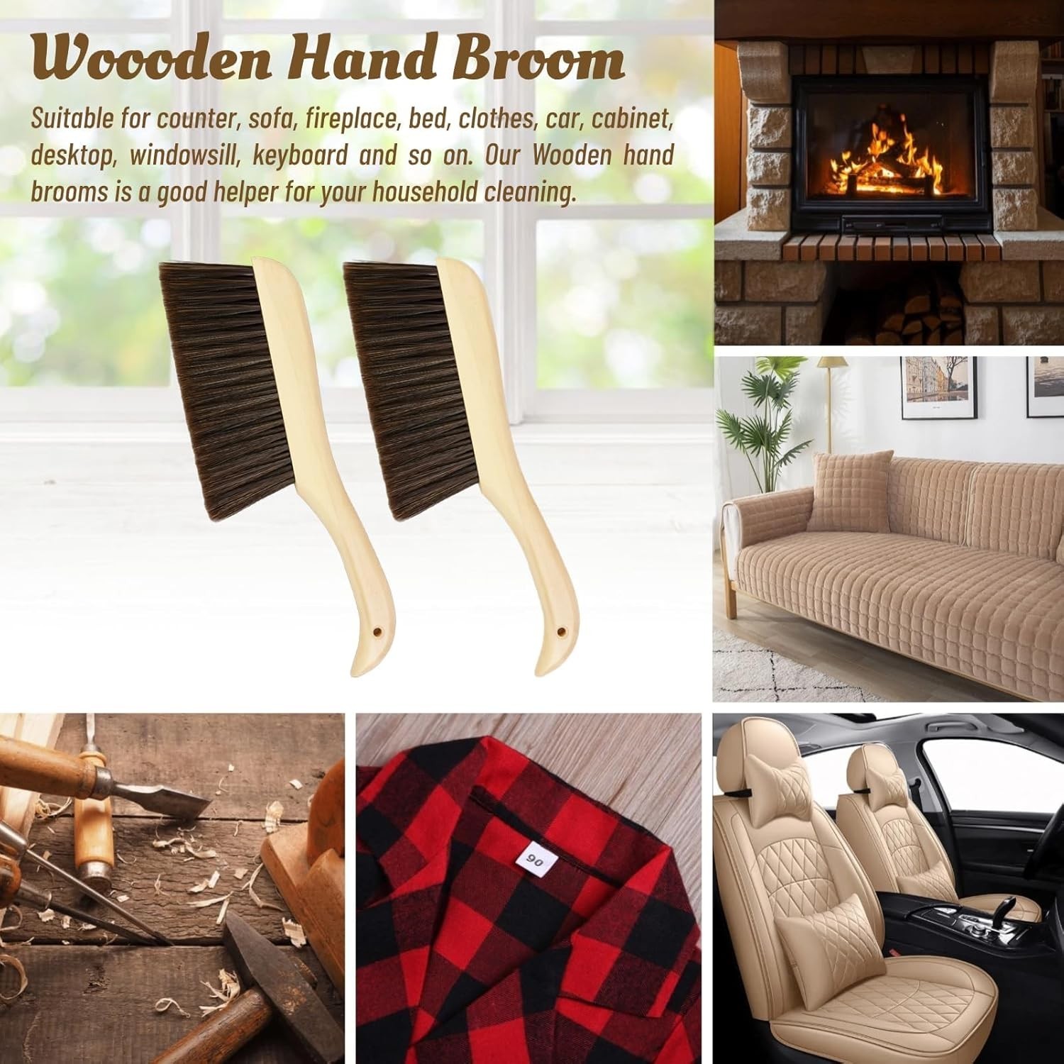 2 Pieces Woooden Hand Broom Dust Brush with Wood Handle Whisk Broom Soft Bristle