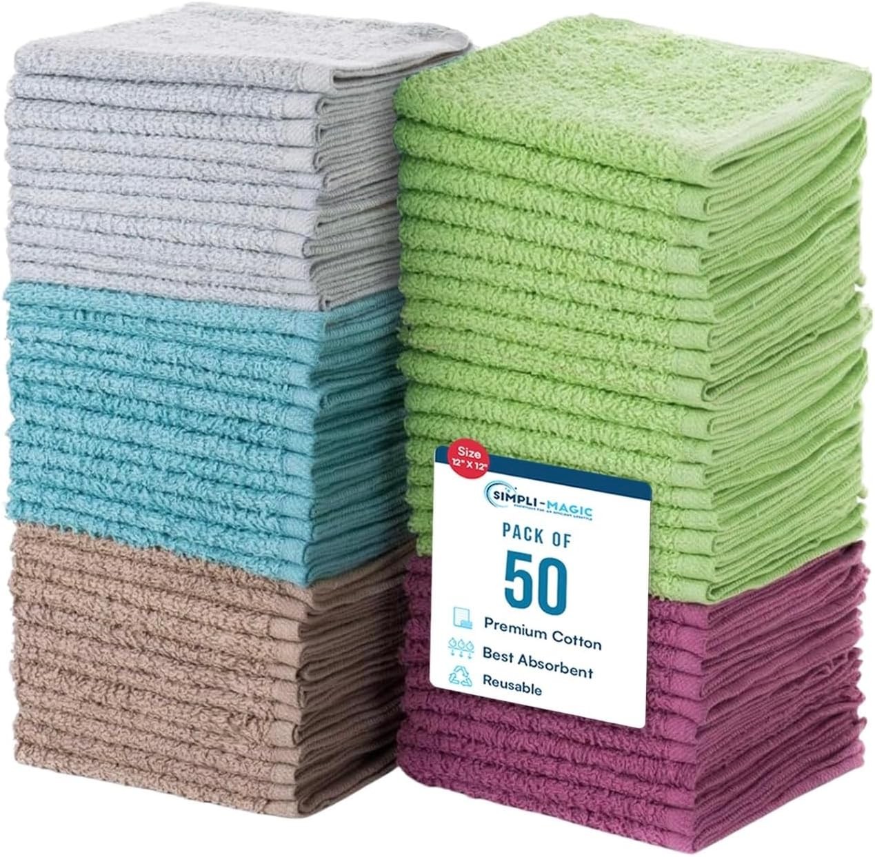 Simpli-Magic Cotton Wash Cloths 12″x12″ (50 Pack) – Highly Absorbent Soft Towels
