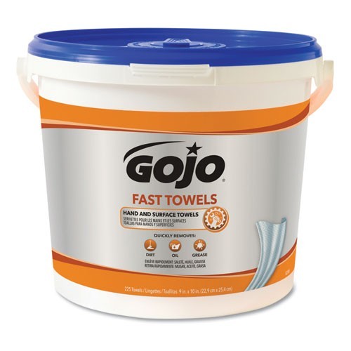 Gojo Fast Hand Cleaning Towels, Cloth, 9 x 10, Fresh Citrus, Blue, 225/Bucket