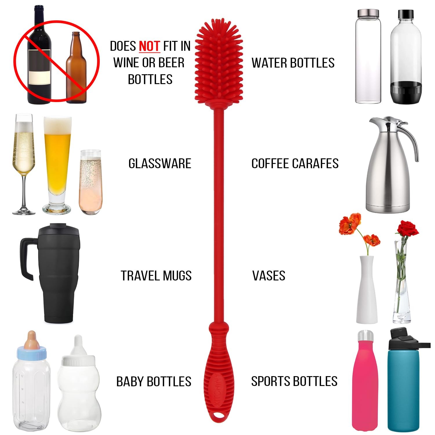 Kitchiny 12.5″ Silicone Bottle Brush & Straw Cleaner Set | Water Red