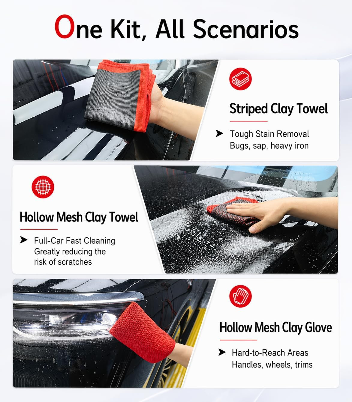 3-In-1 Clay Towel Kit for Car Detailing, 12″ X 12″ Clay Towels & Clay Mitt, Upgr
