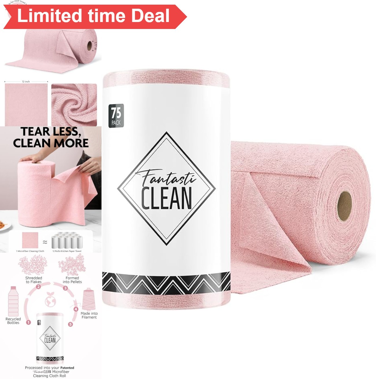 Microfiber Cleaning Cloth Roll 75 Count 12×12 Inch Tear Away Towels Reusable