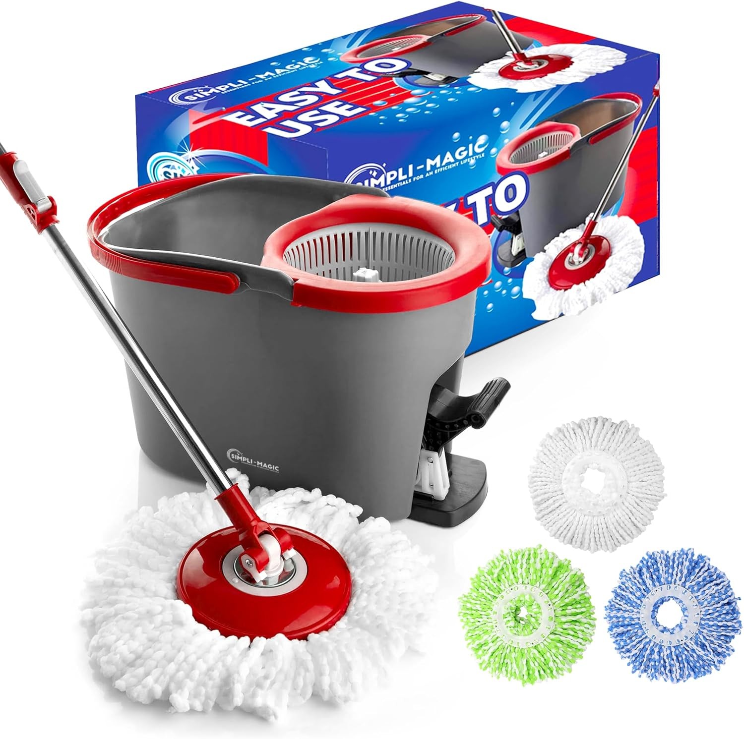 Simpli-Magic 79349 Spin Mop Set w/ 3 Microfiber Heads – Red/Gray