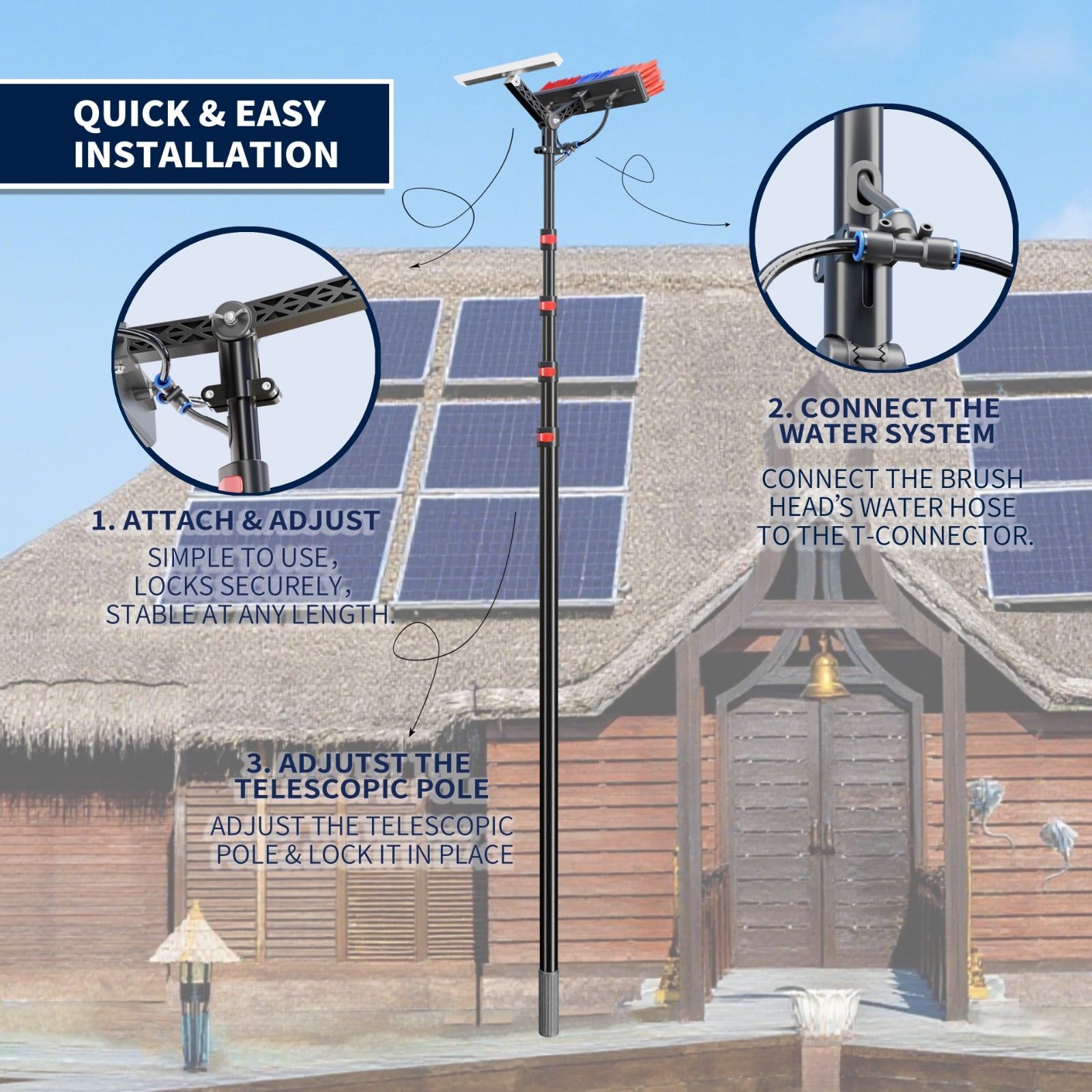 24FT Solar Panel Cleaning Brush&Squeegee Kit Proffesional Window Washing Tool
