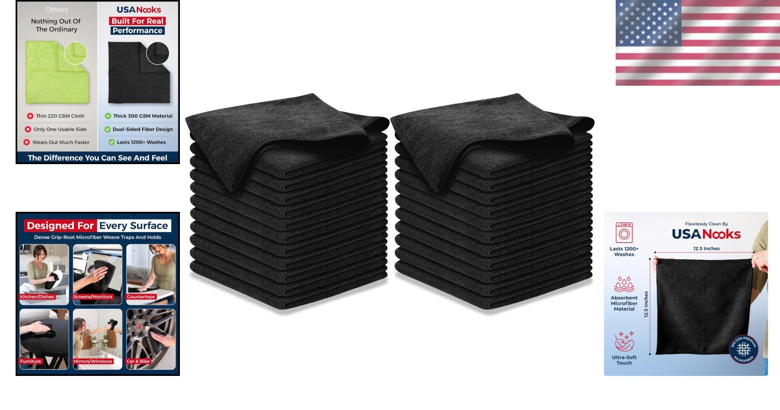 Ultra Absorbent Microfiber Towels – 12.5″x12.5″, 300GSM, 1200 Washes, 24 Pack