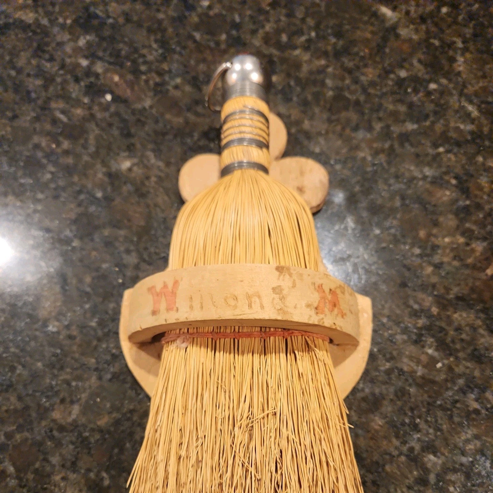 Vintage Straw Whisk Broom with Metal Handle and Wood Hanger, 10” Tall