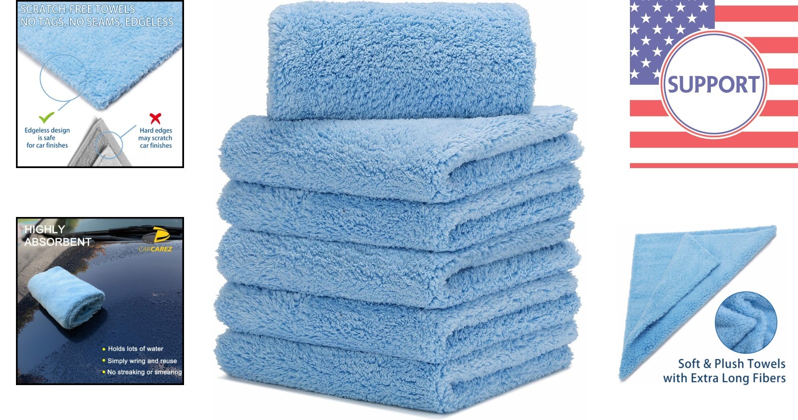 6 Soft Blue Microfiber Towels for Optimal Car Care – Edgeless & Highly Absorbent
