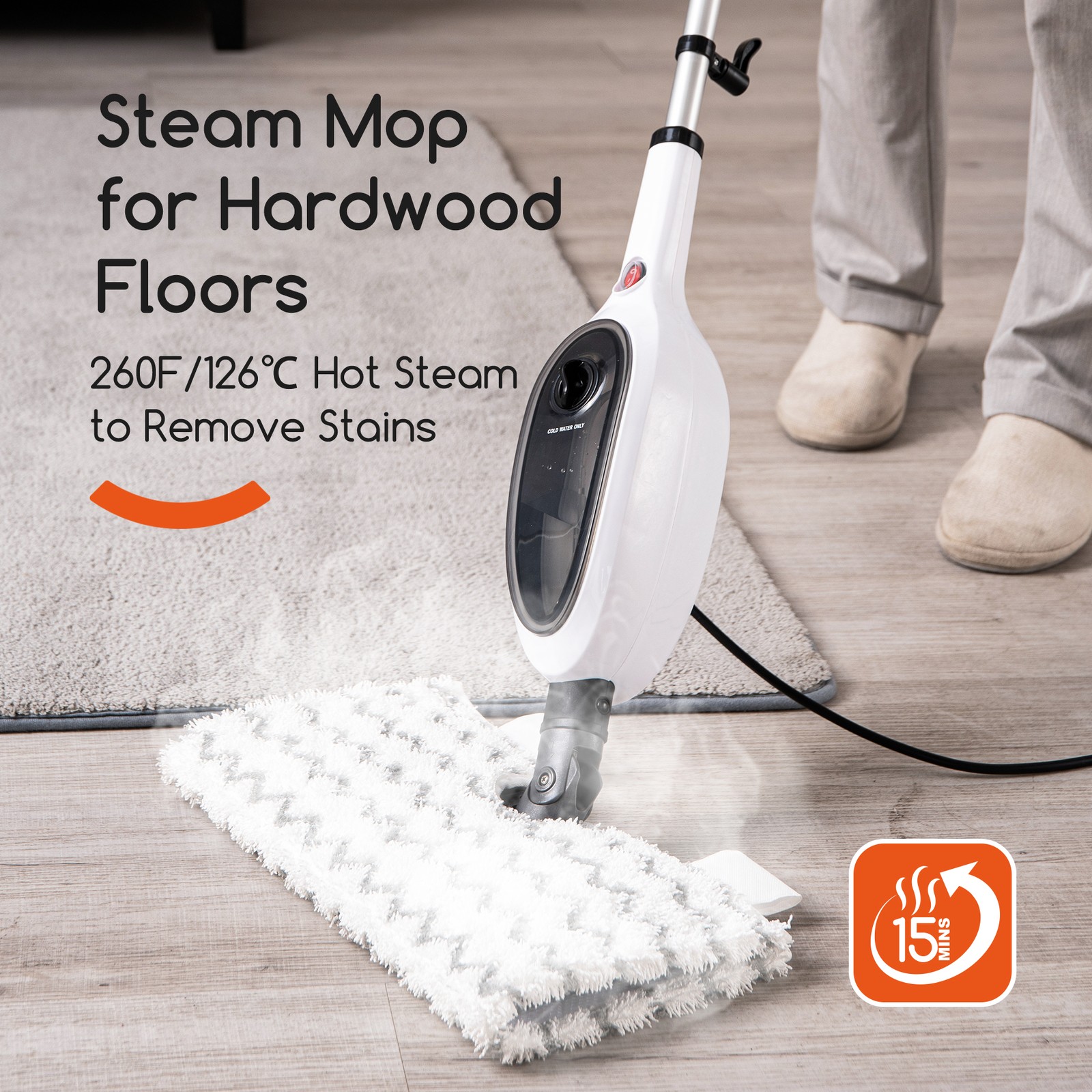 10-in-1 Steam Mop 15s Fast Heat & 270° Flip Head for Hardwood Tile & Sofa