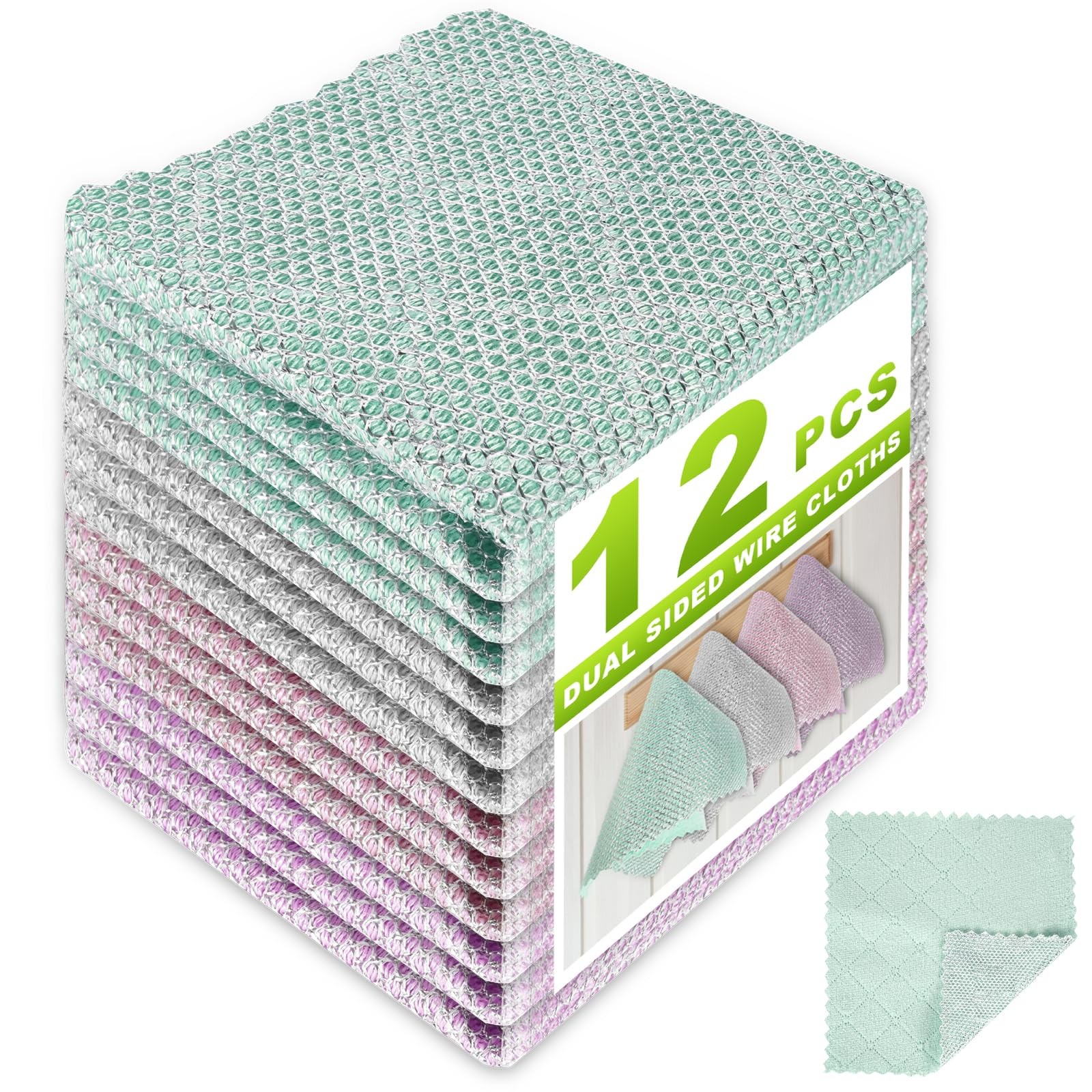 12 Pcs Multipurpose Wire Dishwashing Rag, Upgraded Double-Layer Non-Scratch W…