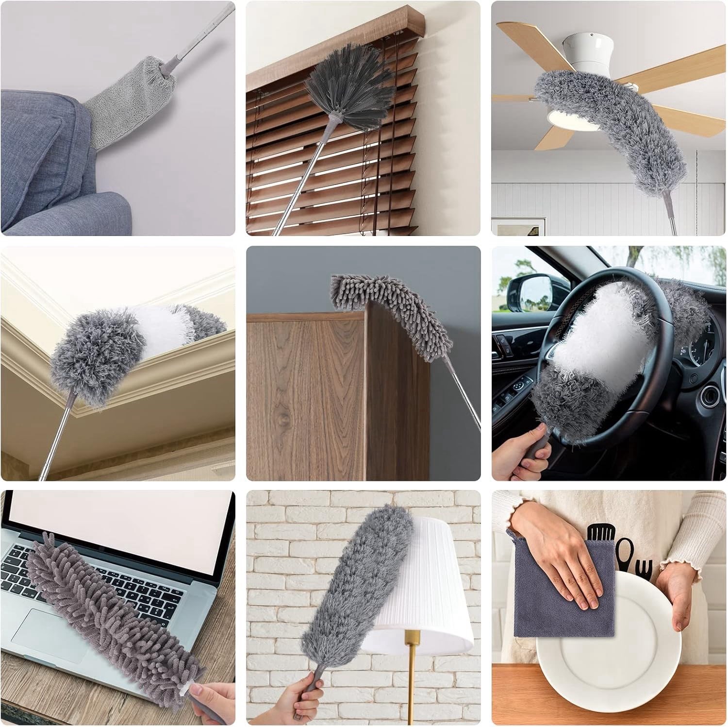 Microfiber Duster for Cleaning Fan, High Ceiling, Blinds, Gray, Silver