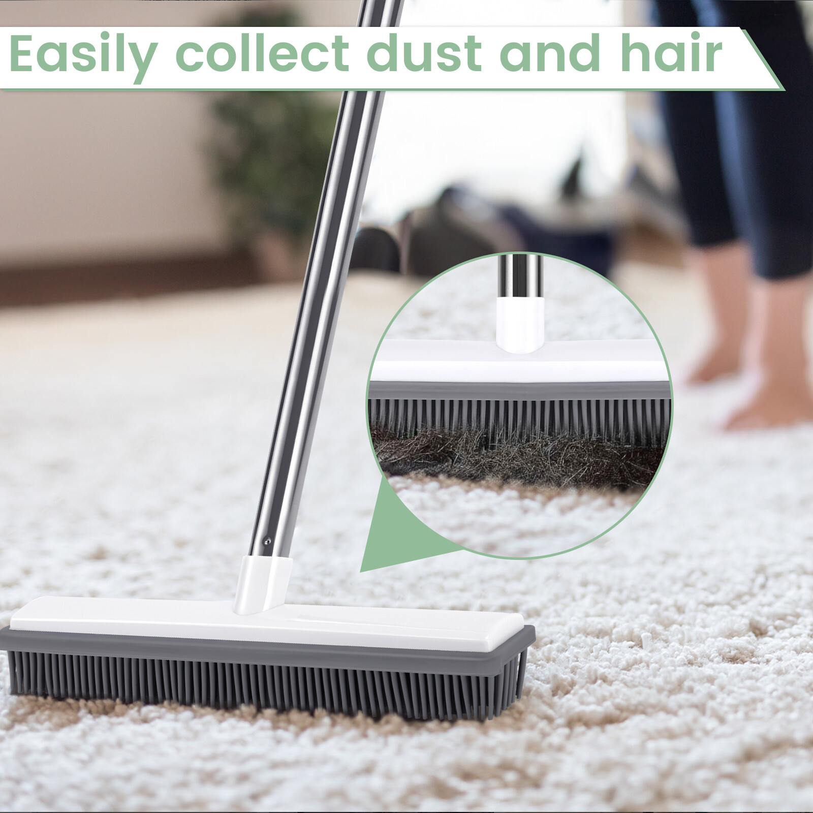 Rubber Silicone Broom Pet Hair Remover, with Telescoping Handle 31 in to 58 inch