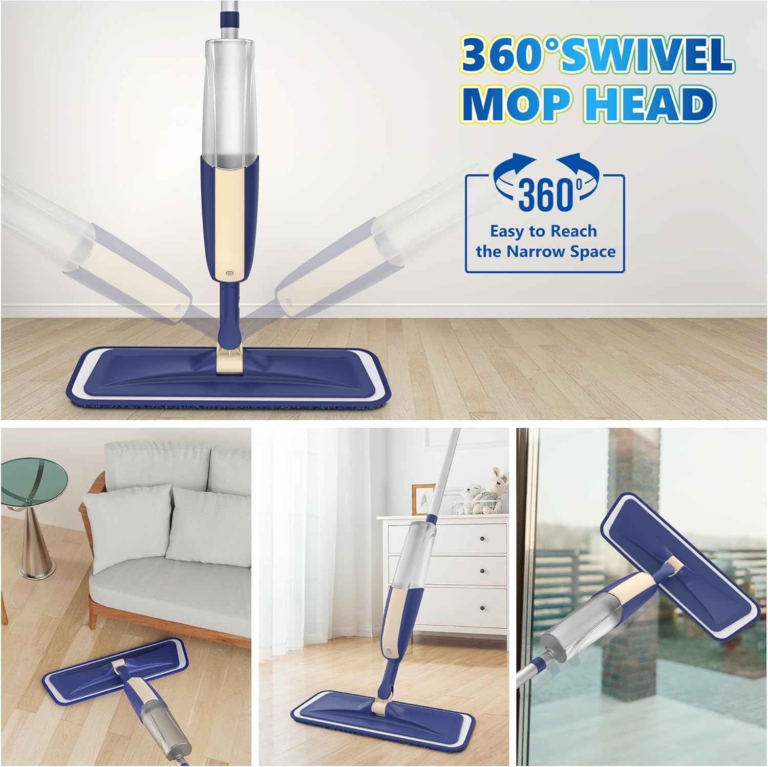 Spray Mop Floor Cleaner Wet Dry Flat Mop w/ 3 Reusable Pads for Hardwood Tile