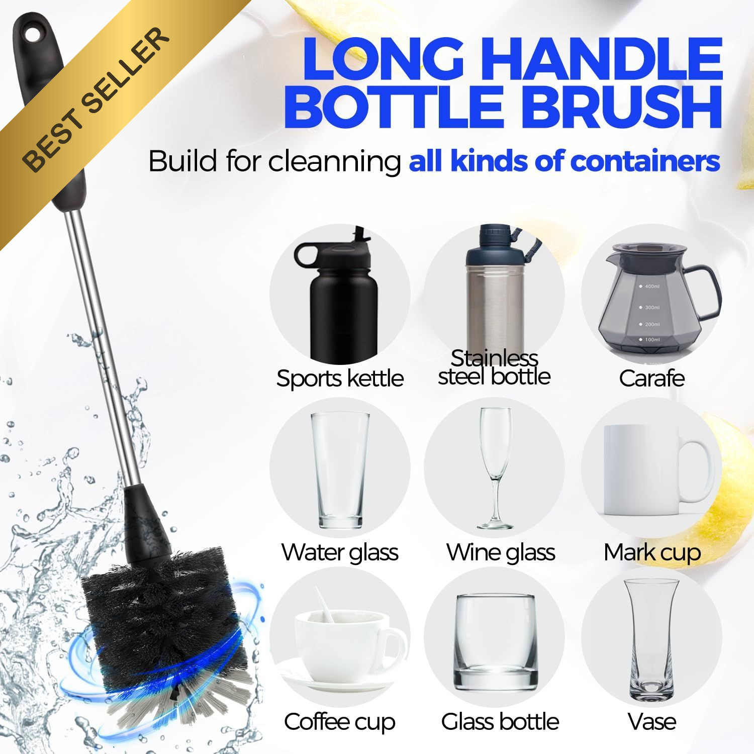 Holikme Bottle Brush Set 4 Pack 14 Inch Stainless Steel Straw Cleaner Black Kit