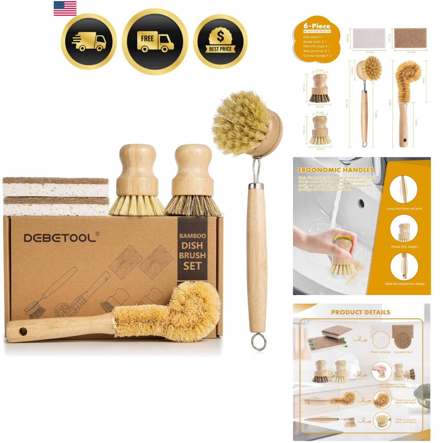 6 Piece Bamboo Dish Brush Set with Coconut Sponge – Wooden Dish Brush with Si…