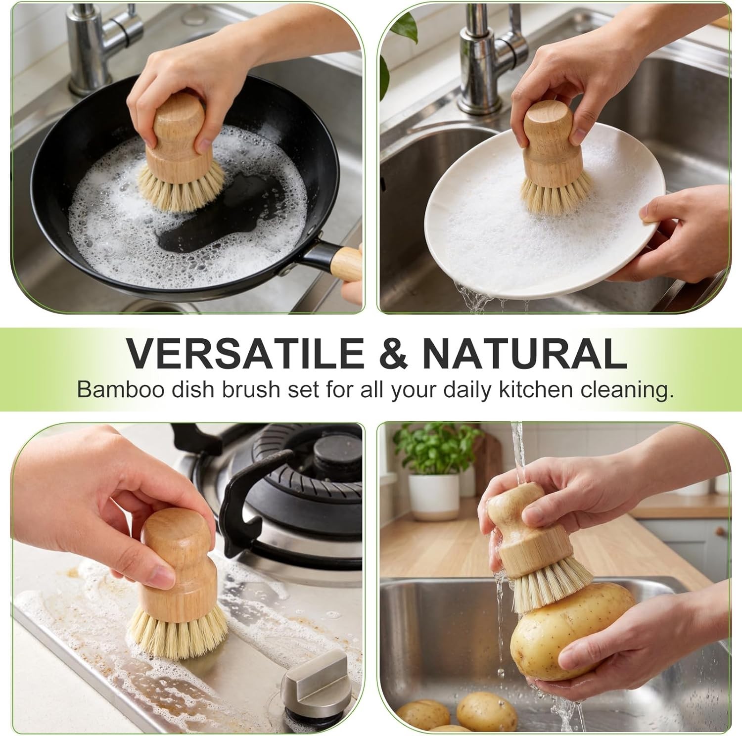 4 Pack Bamboo Dish Brush Set, Natural Kitchen Scrub Brush with Sisal Bristles, W
