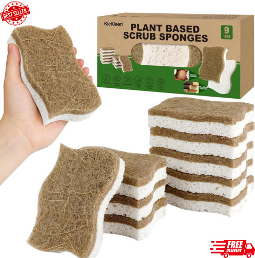 9 Pack Natural Biodegradable Kitchen Sponges Cellulose Walnut Scrubber Pads