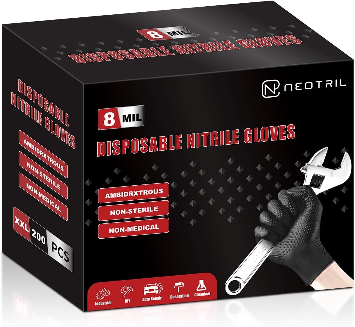 8 Mil Heavy Duty Disposable Nitrile Gloves with Diamond Texture Grip Rubber