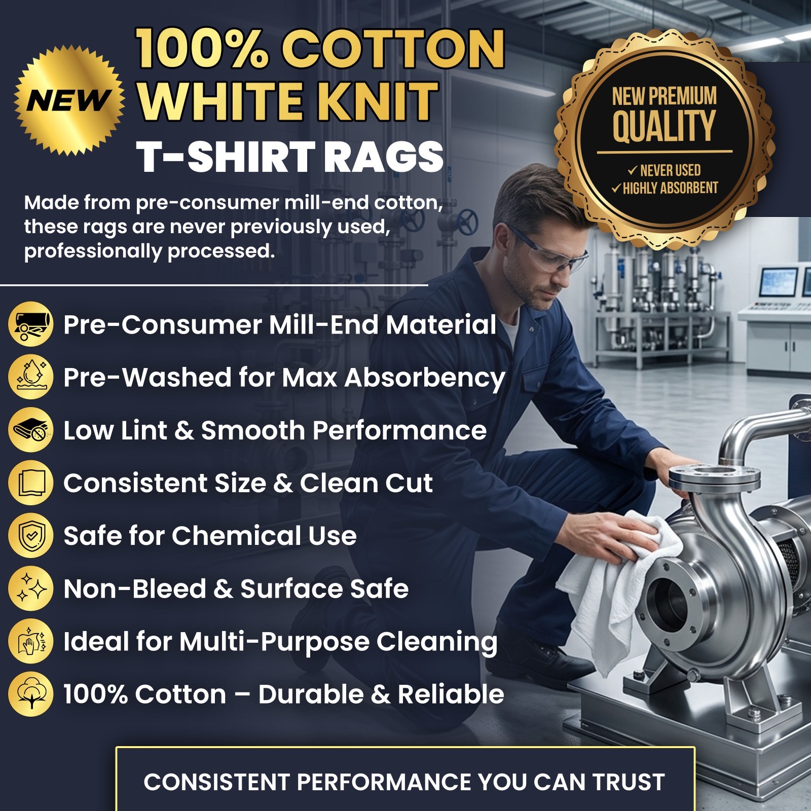 100% Cotton White Knit T-Shirt Rags Boxes, Multipurpose Cleaning & Wiping Cloths