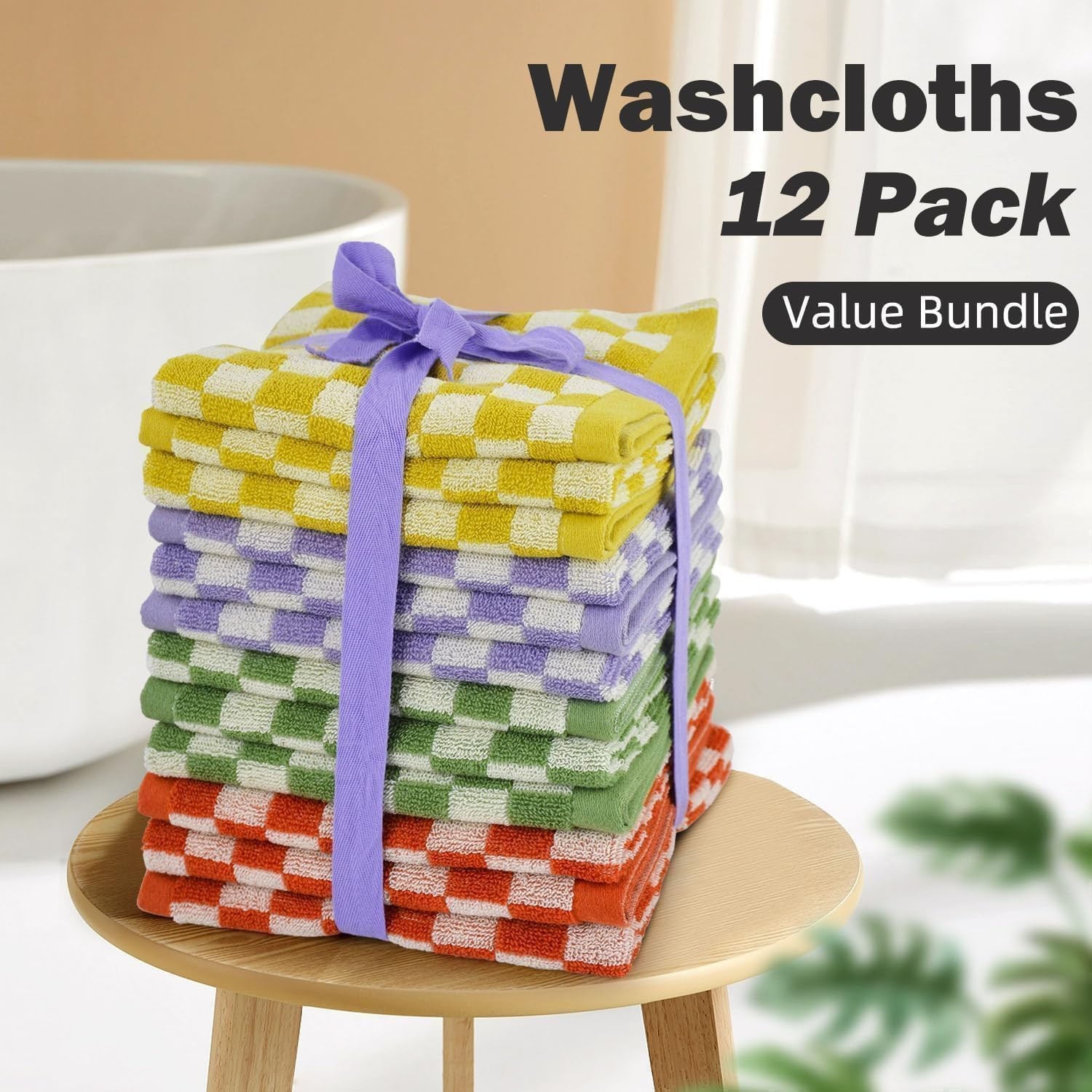 Washcloths 12 Pack Checkered – Wash Cloths for Showering (13″x13″) in 4 Colors,