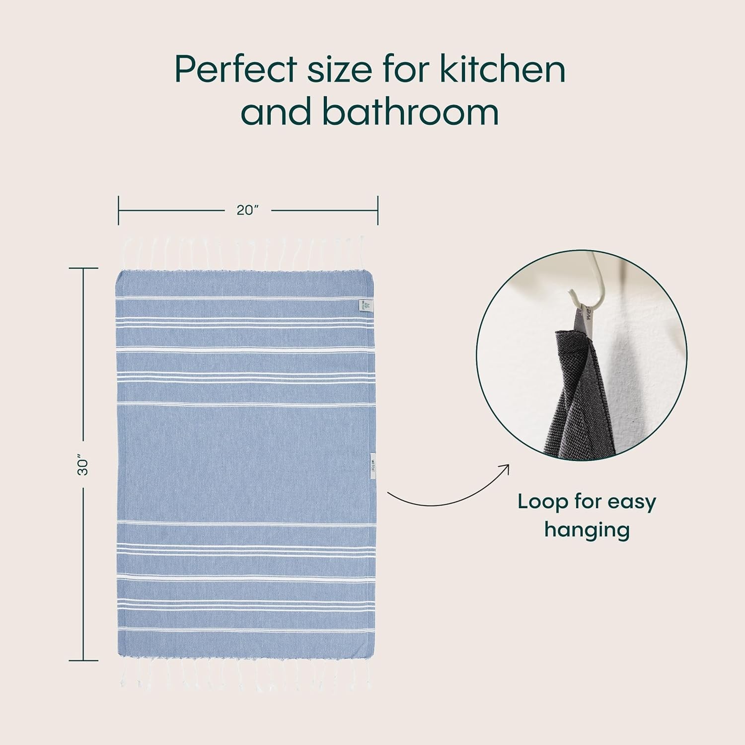 Turkish Hand Towels with Hanging Loop, Set of 2 (20″ x 30″) 100% Turkish Cotton,