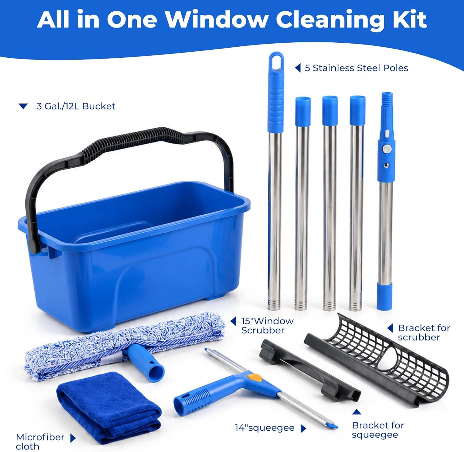 Window Cleaning Kit Bucket 3 Gallon 14in Squeegee 15 Inch Scrubber 76 Inch Poles