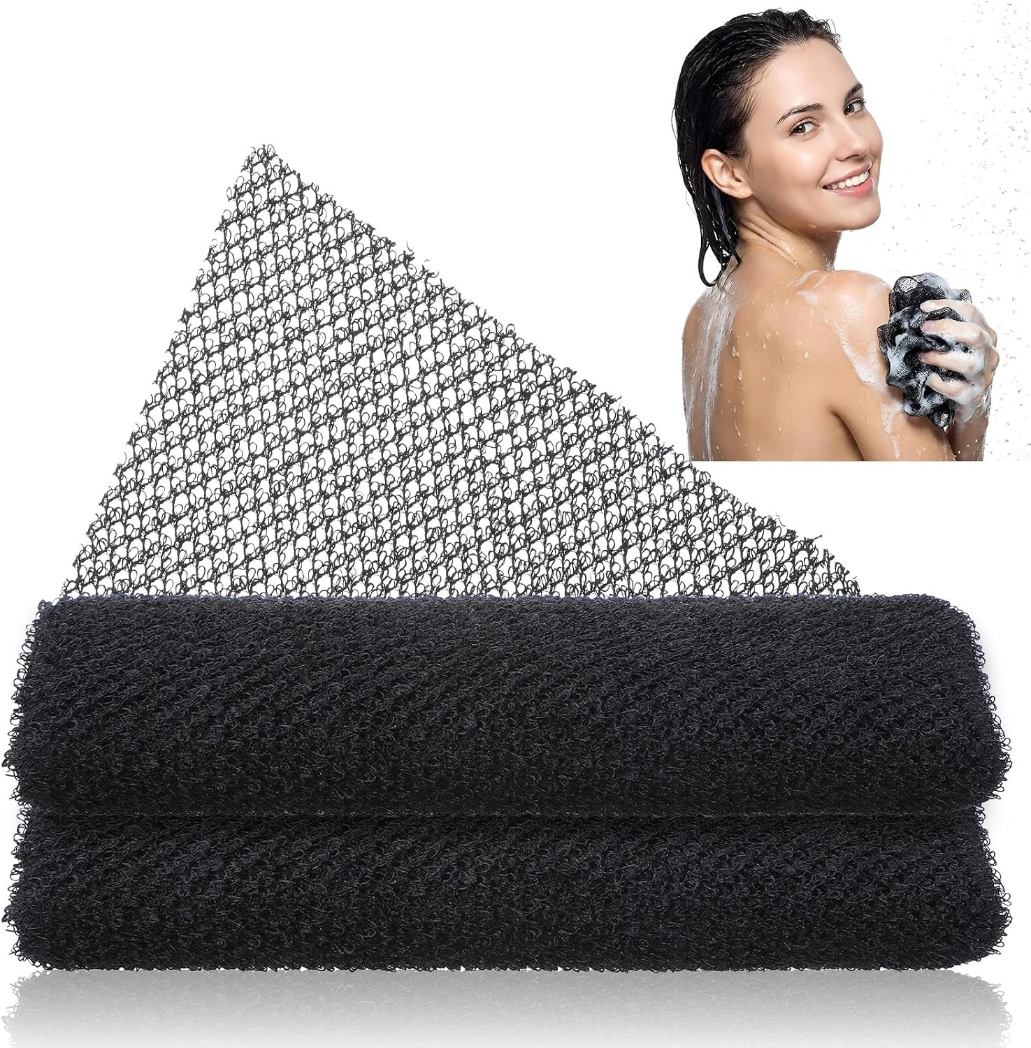 African Net Sponge, 2 Pack Black Exfoliating Washcloth, Elastic Long Net Rag