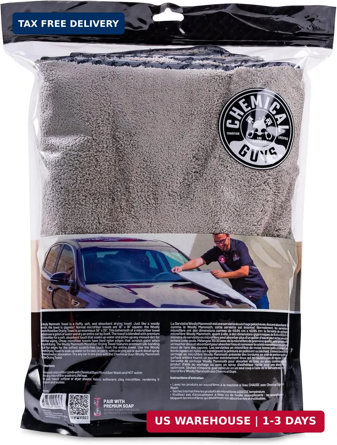 Chemical Guys Woolly Mammoth Large Microfiber Drying Towel – 36 x 25 Inch Gray,