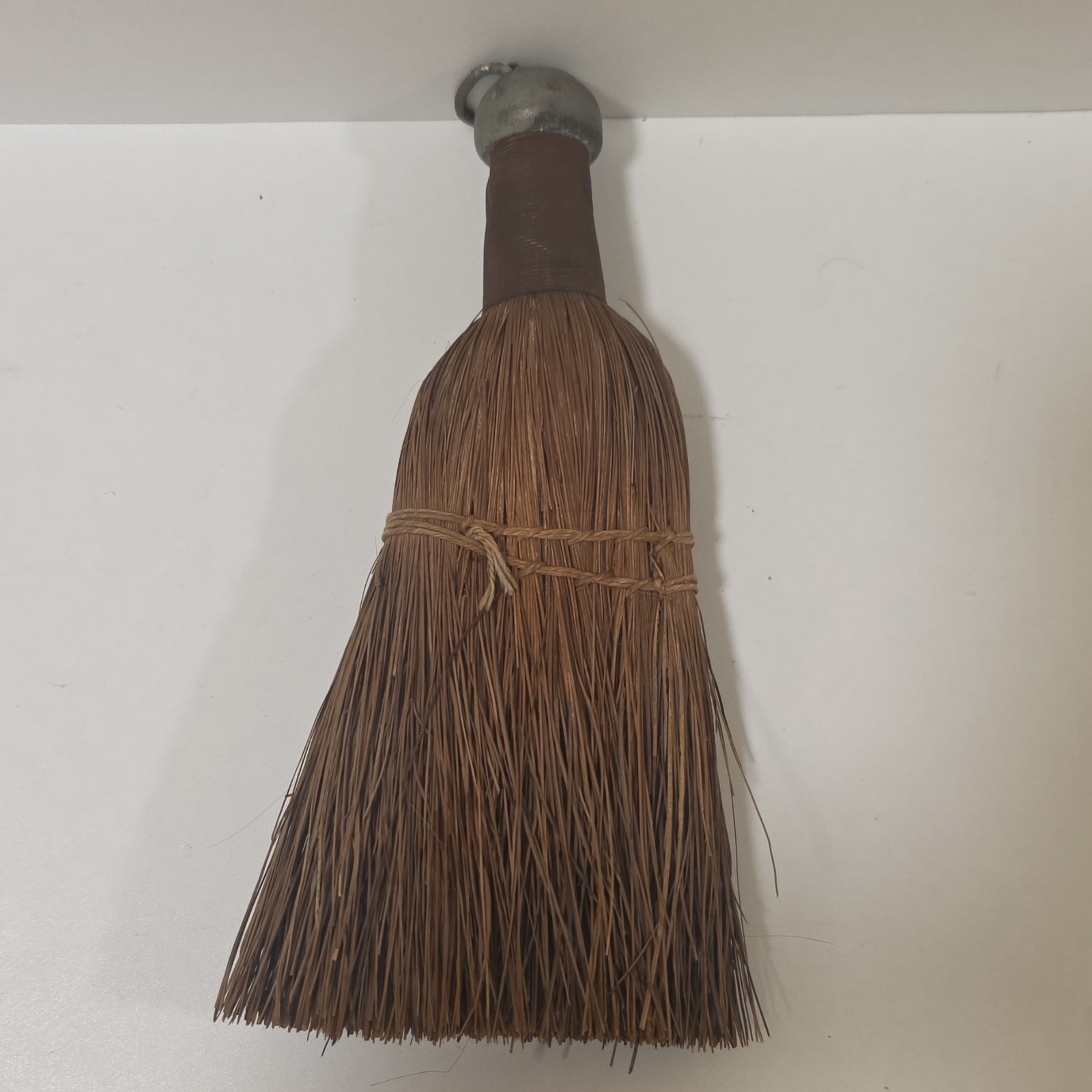 Brown Natural Fiber Whisk Broom Hand Brush w/ Metal Handle Hanging Loop 8in