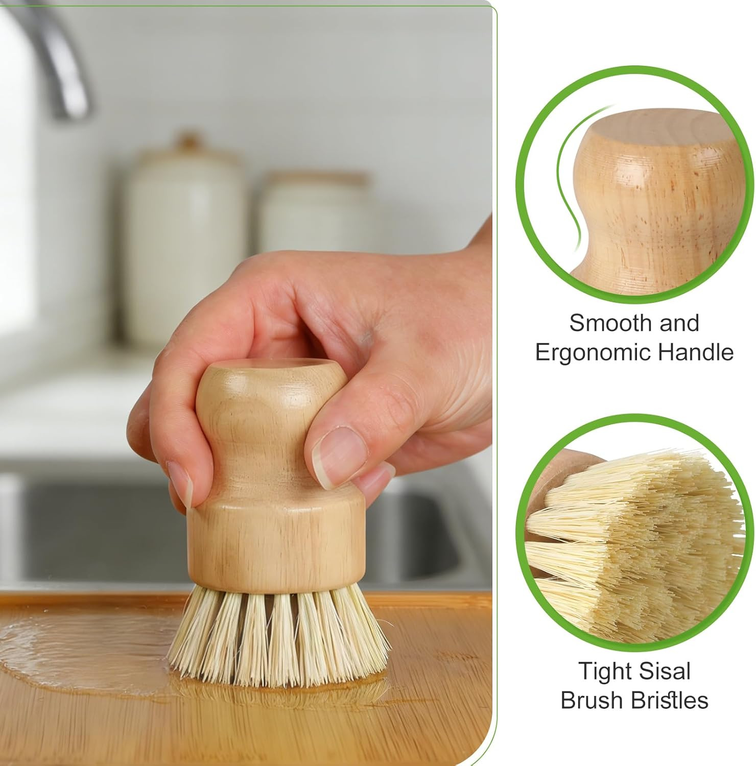 4 Pack Bamboo Dish Brush Set, Natural Kitchen Scrub Brush with Sisal Bristles, W