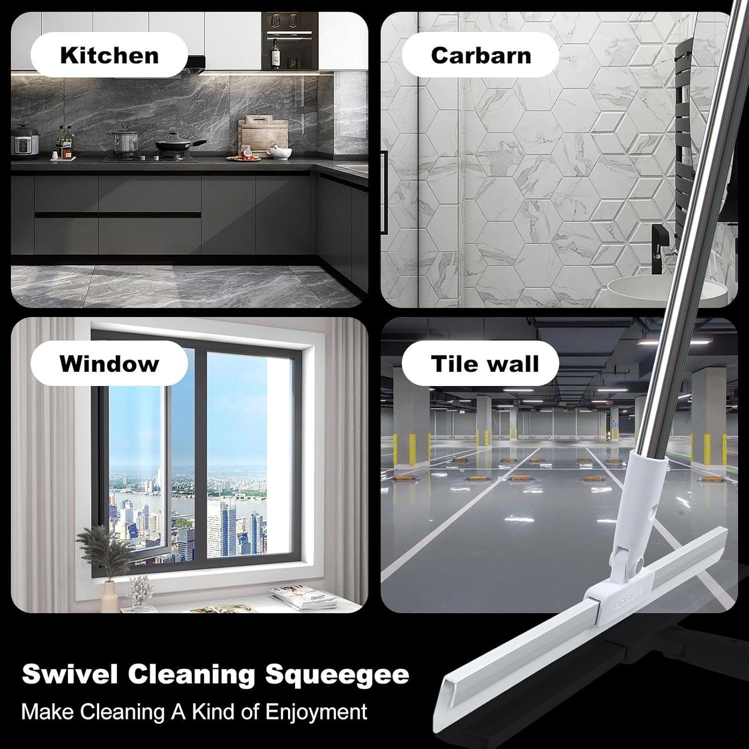 Rubber Squeegee Broom for Floor,62″ Long Handle Window Squeegee, Silicone Pet Ha