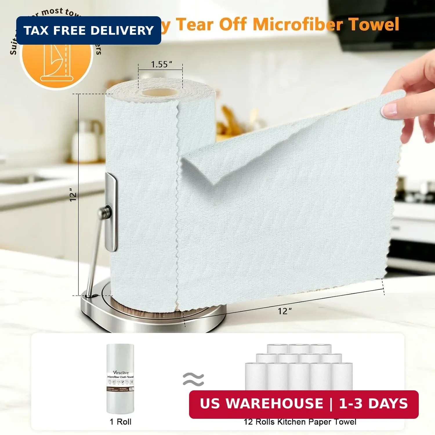 Microfiber Cleaning Cloth Roll, 50 Tear-Away Sheets, Reusable & Washable, Lint-F