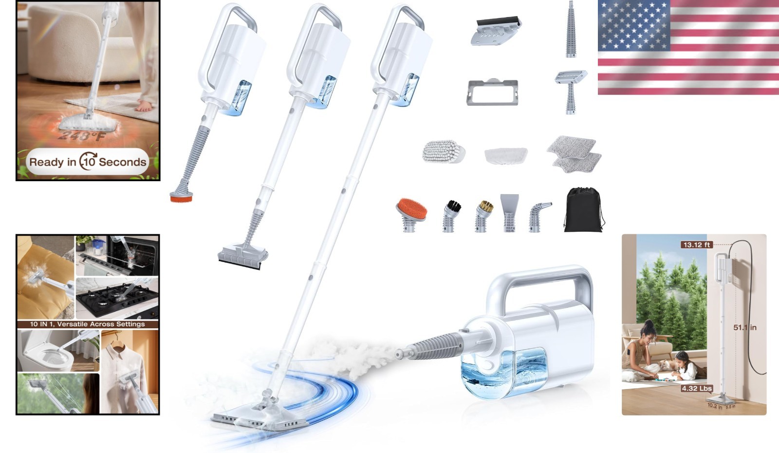 10-in-1 Steam Mop & Handheld Cleaner, 350ml Tank, 10s Heat-Up for Quick Cleaning