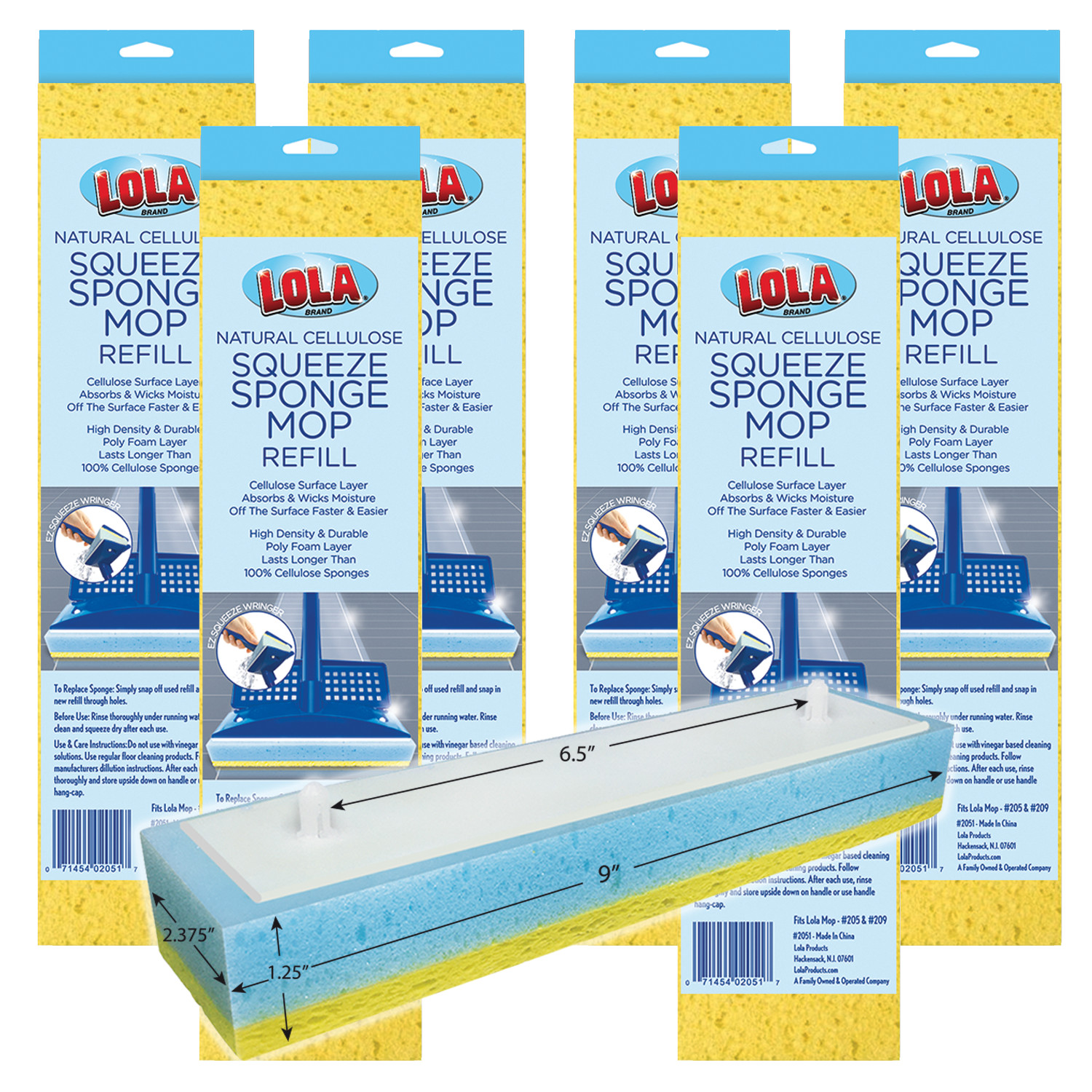 Squeeze Sponge Mop Refill 6 Pk -w/ Foam & Cellulose Layer -Only Fits LOLA Mop