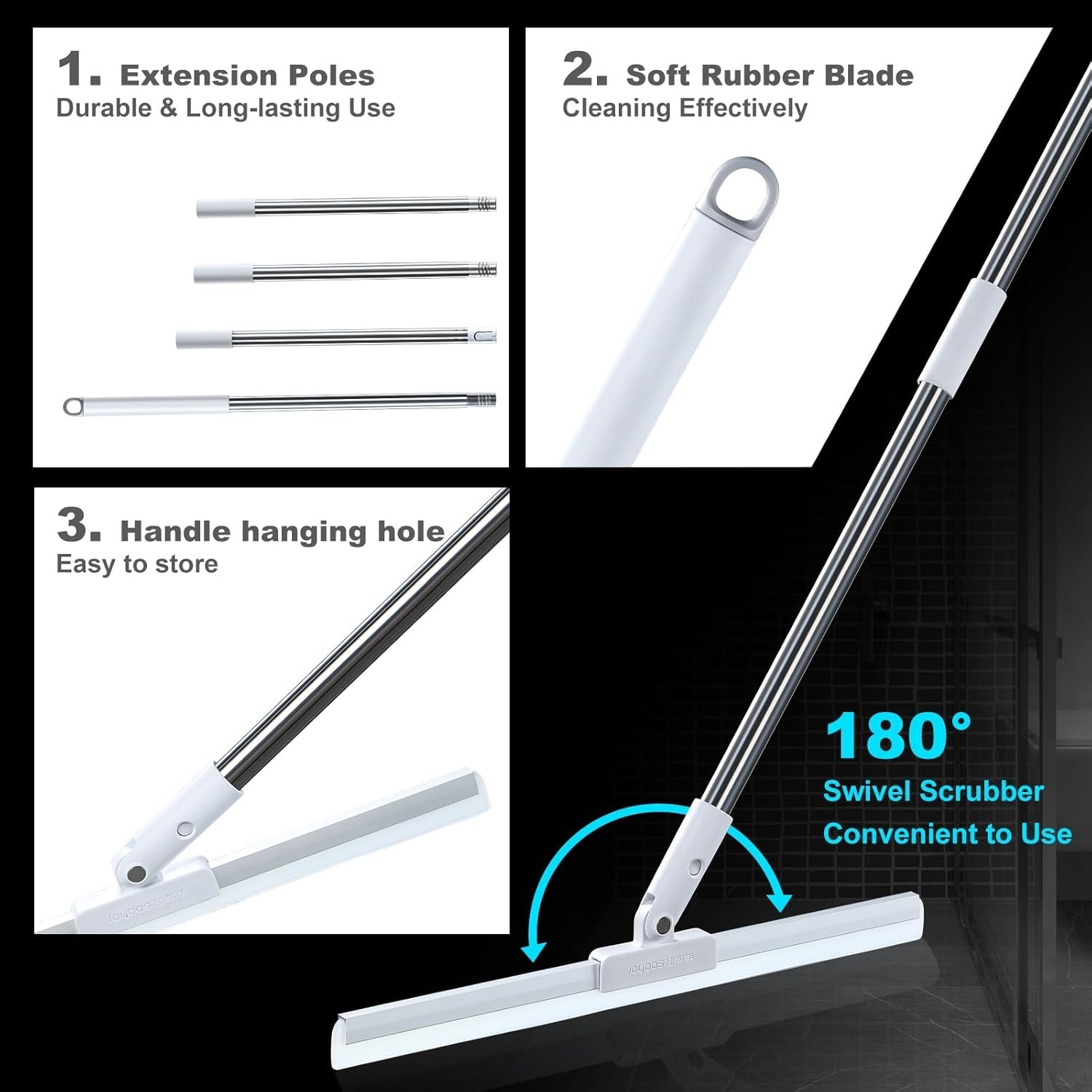 Rubber Squeegee Broom for Floor,62″ Long Handle Window Squeegee, Silicone Pet Ha