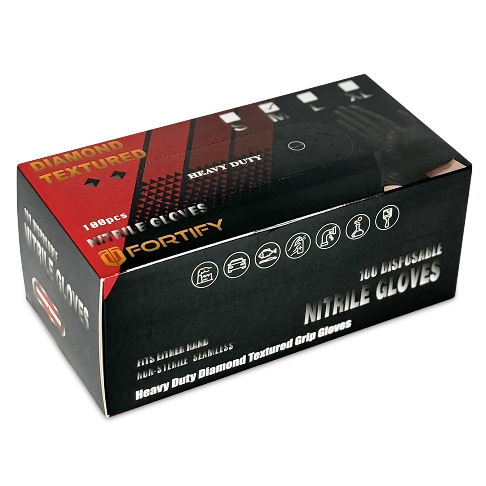 Fortify Diamond Textured Nitrile Gloves – 7mil Heavy Duty, foodsafe (L) Black