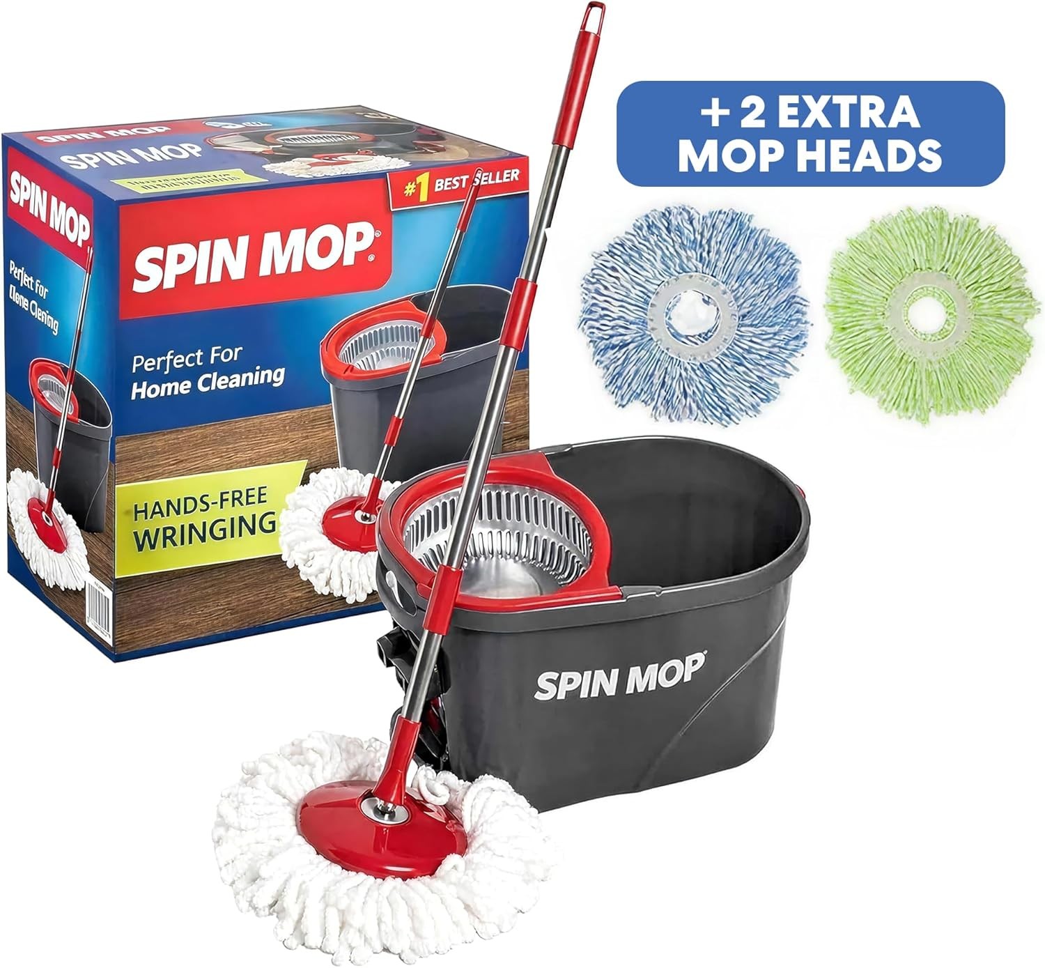 Simpli-Magic 79349 Spin Mop Cleaning System with 3 Microfiber Mop Heads, Red/GRA