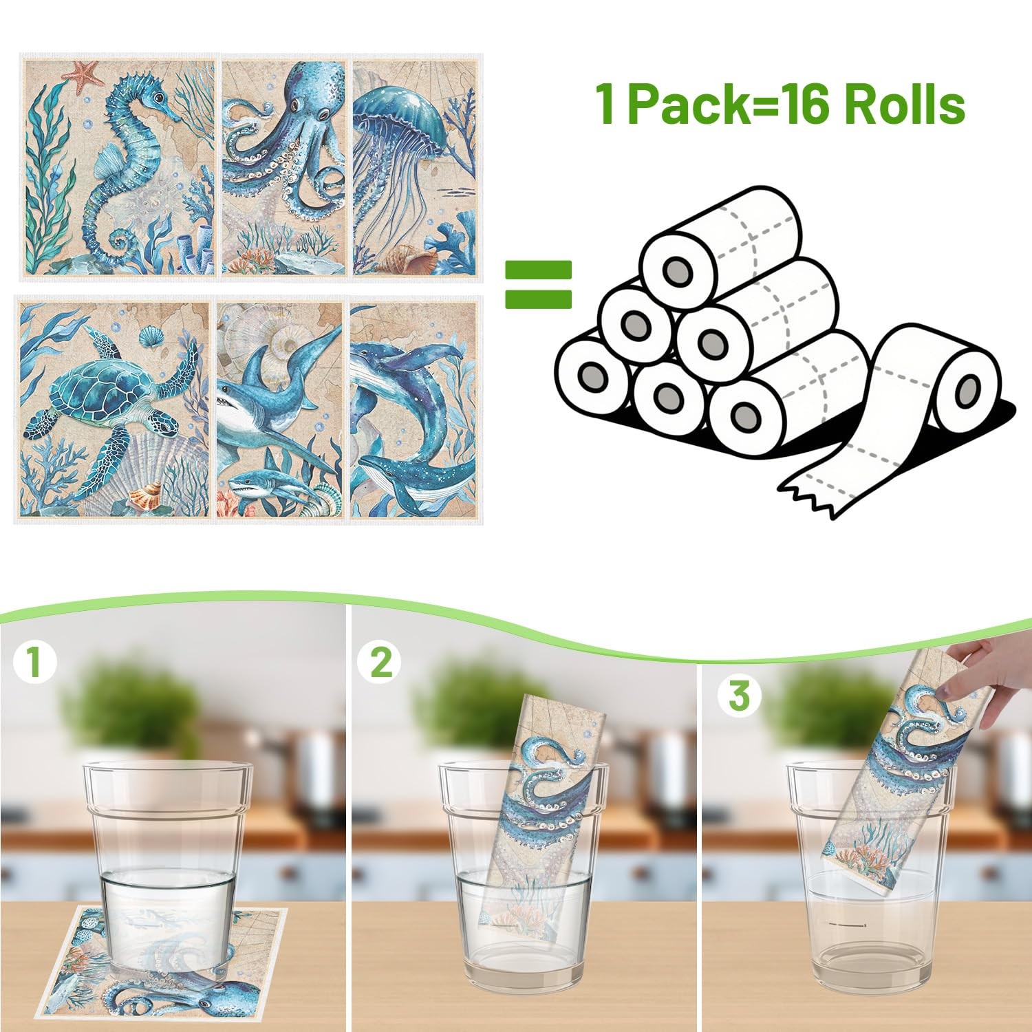 Sea Animals Swedish Dishcloths Reusable Absorbent Fast Drying Sponge Towel