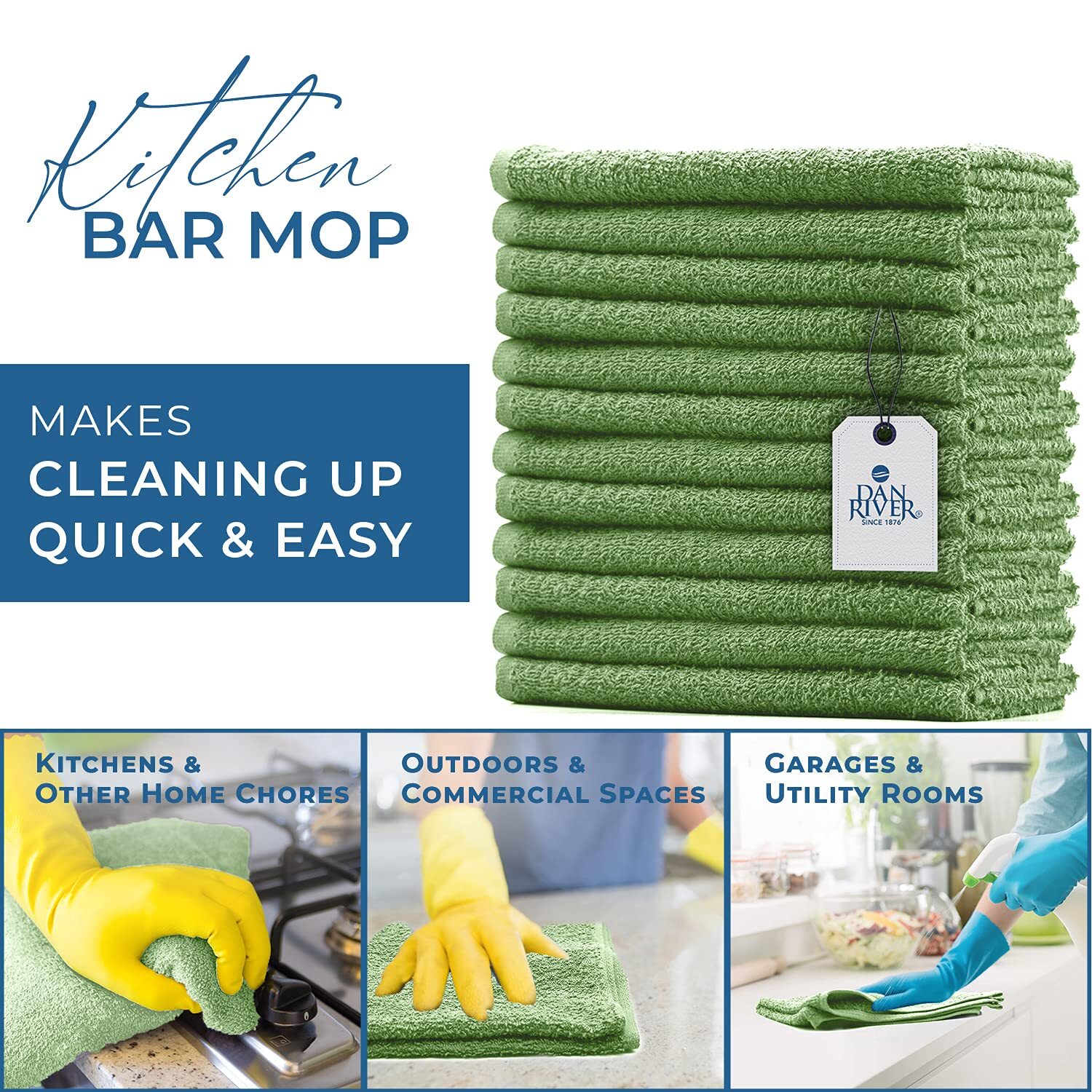 100% Cotton Bar Mop Kitchen Towels 16×19 Inches Pack Of 12 350 Gsm Sage Green “