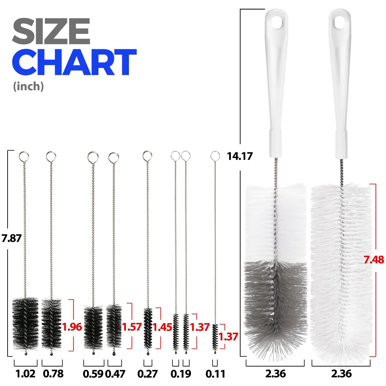 Holikme 10 Pack Bottle Brush Cleaner Set, 15″ Long Handle Whitegrey