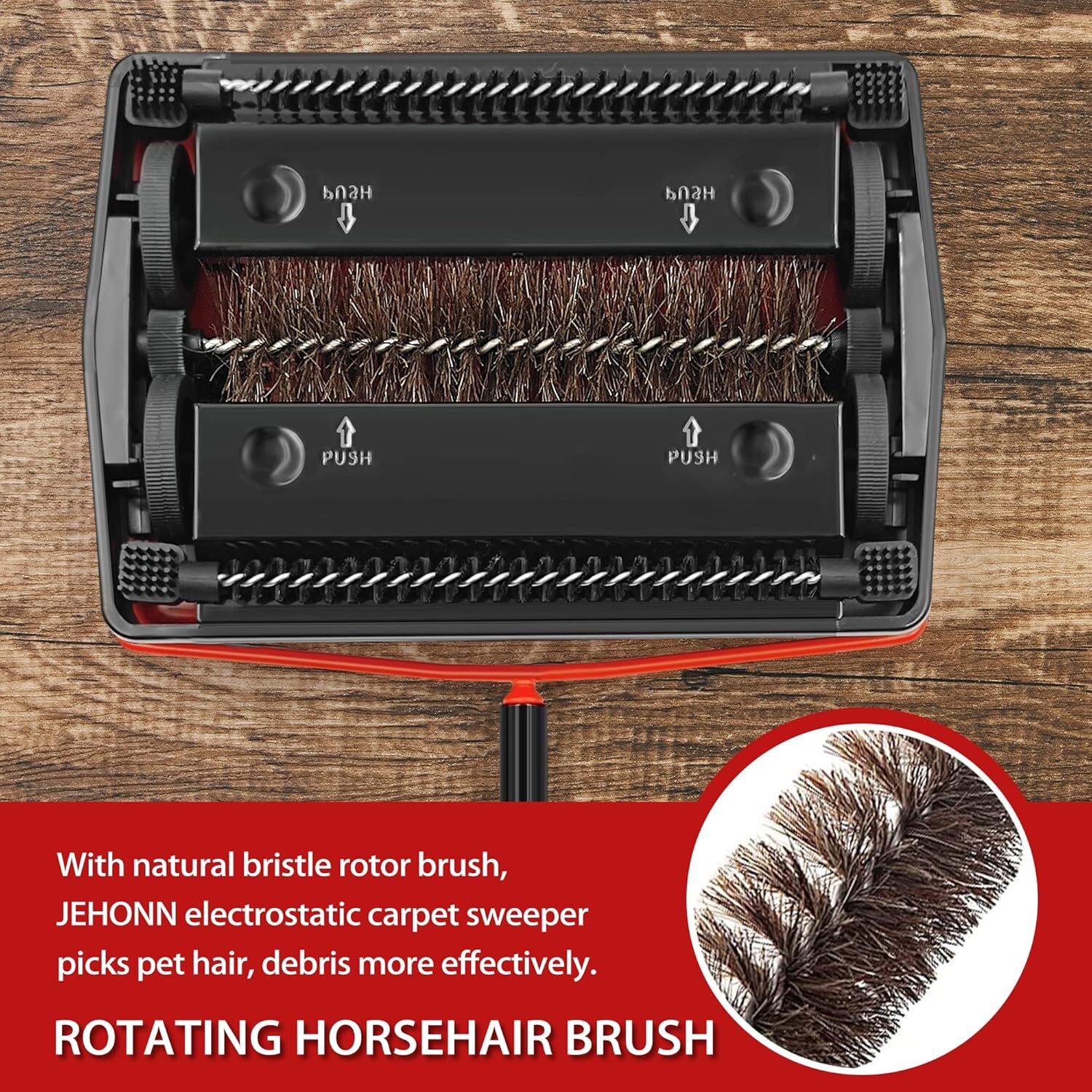 Carpet Floor Sweeper Manual with Horsehair, Non Electric Rug Roller Brush Push