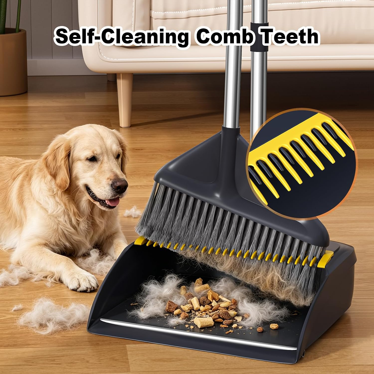 Broom and Dustpan Set with 52″ Long Handle | Stand Up Dustpan with No Warping Me