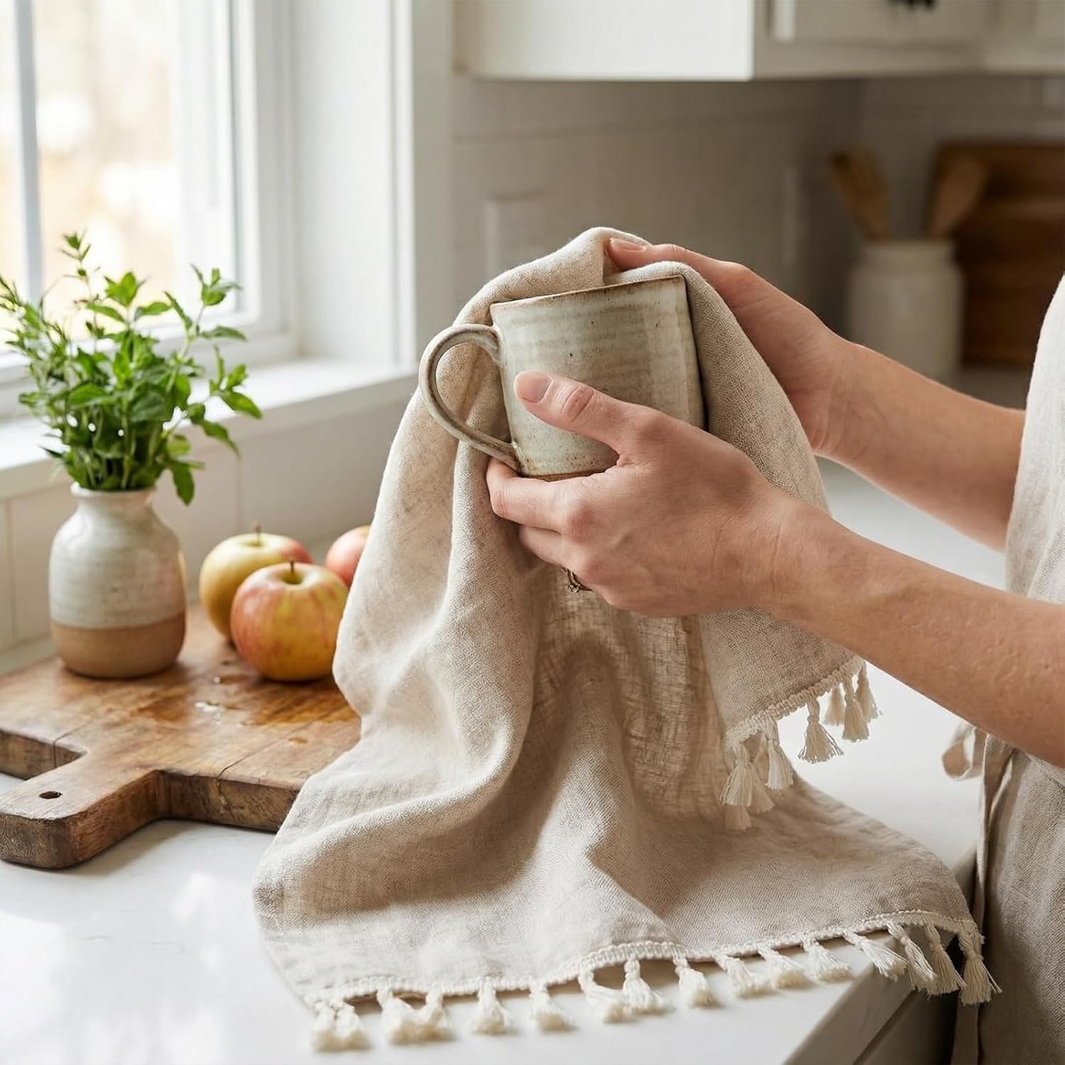 100% Linen Hand Towels 2 Pcs, 18×27 Inch Boho Decorative Kitchen Towels with