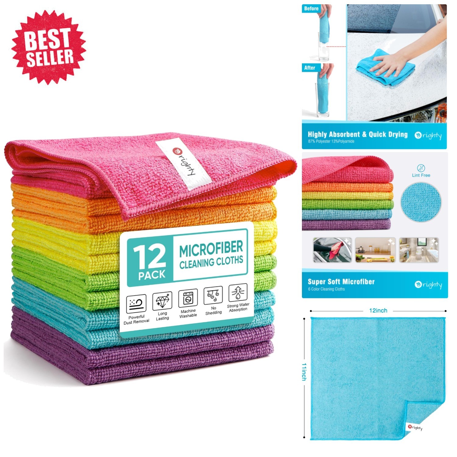 Luxury Microfiber Cleaning Rags – 12 Pack, Soft, Absorbent & Scratch-Free Cloths