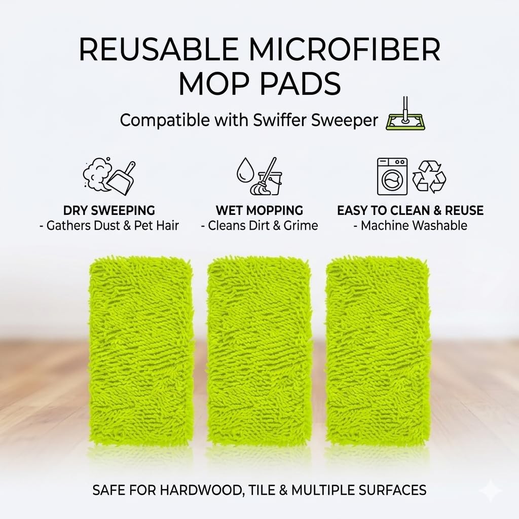 Reusable Microfiber Mop Pads 3 Pack,Compatible with Swiffer Sweeper Mop, Repl…