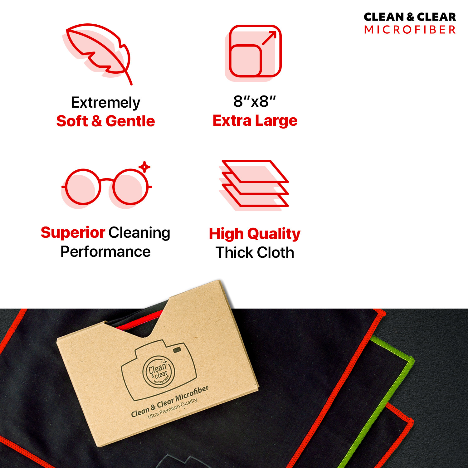 LARGE [4 Pack]Clean&Clear Microfiber-ULTRA PREMIUM QUALITY Lens Cleaning Clothes