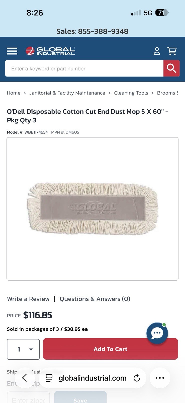 O’dell disposable cotton end dust mop 5×60” pack of 3 new in box